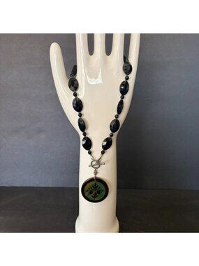 Vintage Czech Crystal Necklace With Botanical Cabochon & Toggle Clasp Bohemian